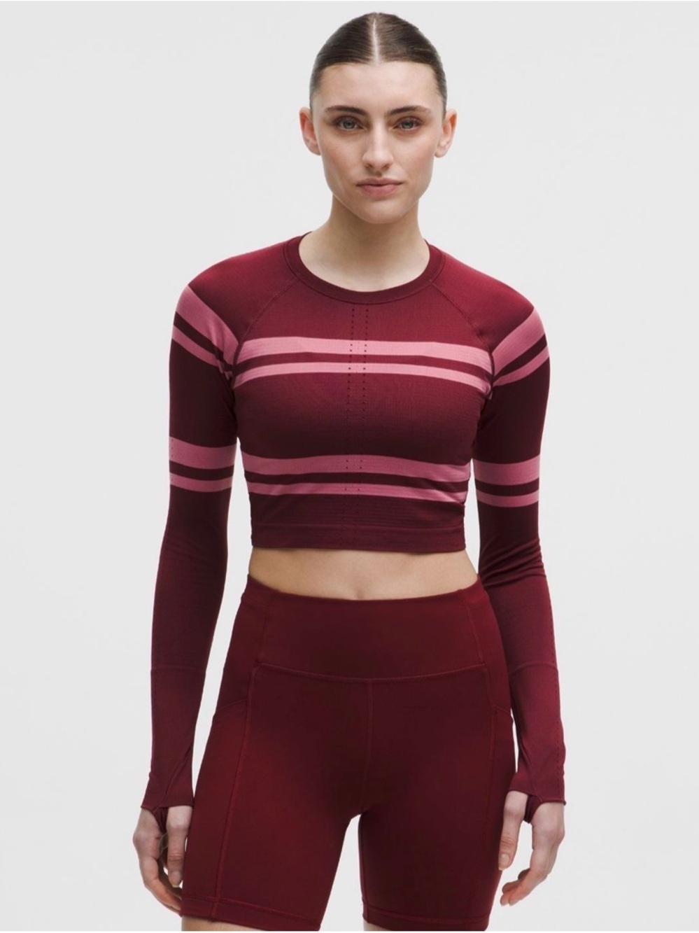NWT Lululemon Burgundy & Pink Striped Long-Sleeve Swiftly Crop Top